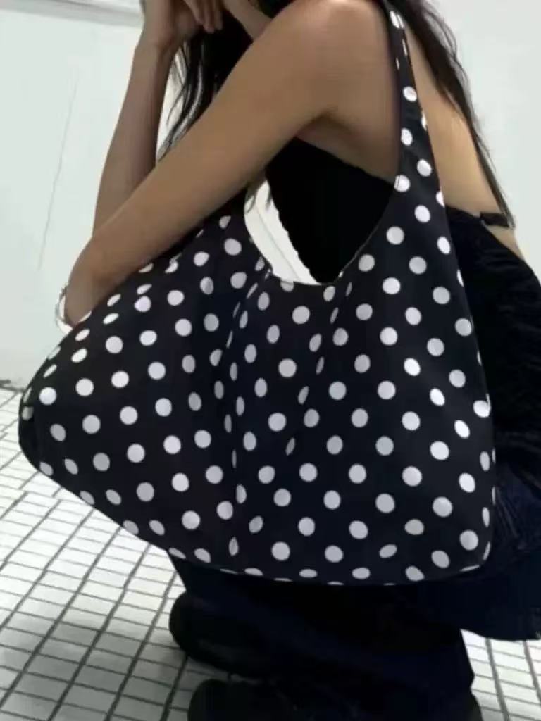 Large Capacity Black and White Polka Dot Canvas Tote Bag â€“ Casual, Versatile Shoulder Bag for Summer 2025 Fashion