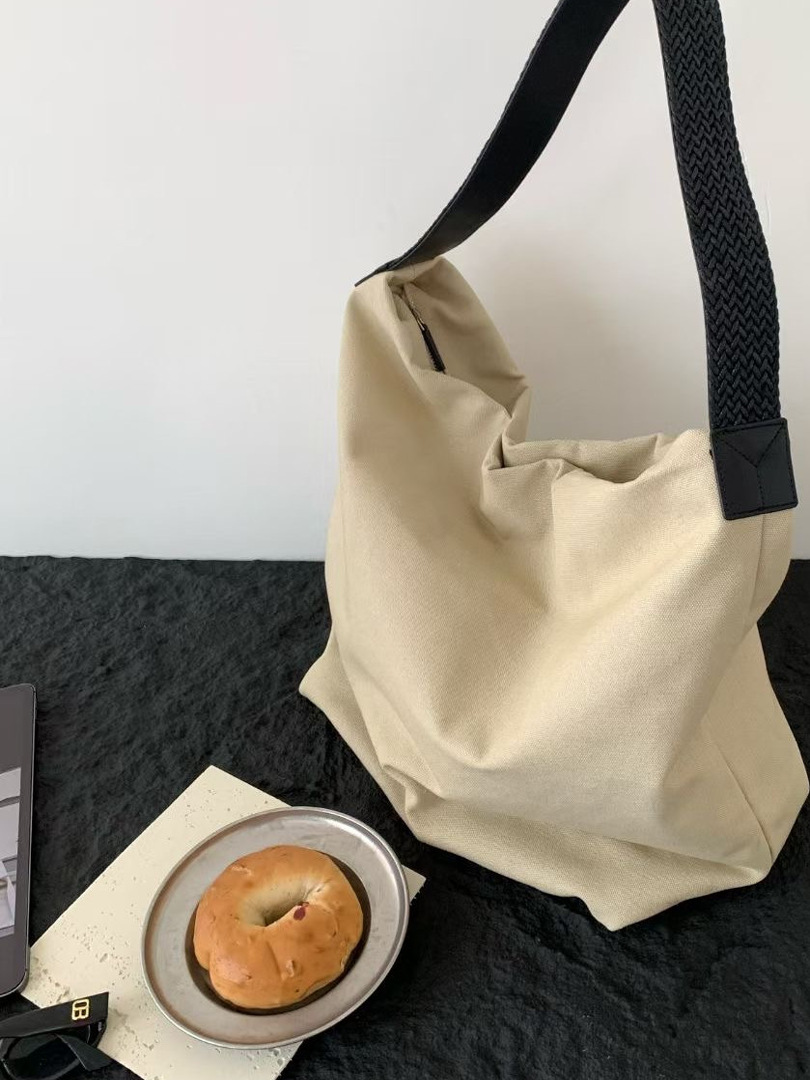 Large Capacity Canvas Tote Bag with Genuine Leather Woven Rope Strap - Versatile Bucket-Style Women's Shoulder Bag