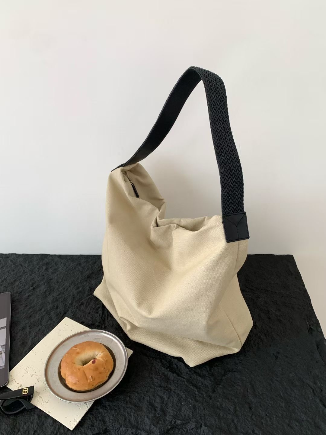 Large Capacity Canvas Tote Bag with Genuine Leather Woven Rope Strap - Versatile Bucket-Style Women's Shoulder Bag