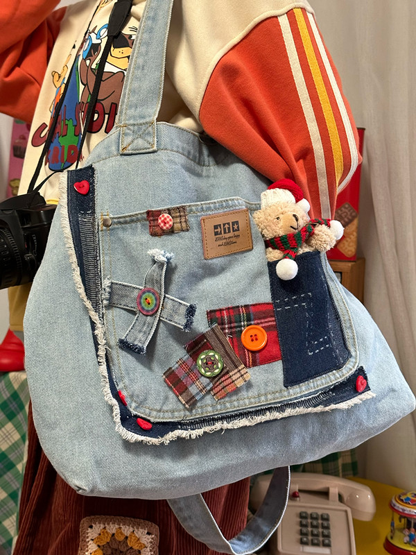 Large Capacity Denim Crossbody Bag for Women - Handmade Commuter Tote, Cute Student Style, Y2K Fashion Accessory Large Capacity Denim Crossbody Bag for Women - Handmade Commuter Tote, Cute Student Style, Y2K Fashion Accessory