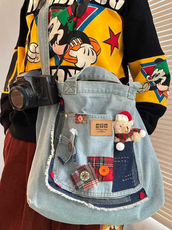 Large Capacity Denim Crossbody Bag for Women - Handmade Commuter Tote, Cute Student Style, Y2K Fashion Accessory Large Capacity Denim Crossbody Bag for Women - Handmade Commuter Tote, Cute Student Style, Y2K Fashion Accessory