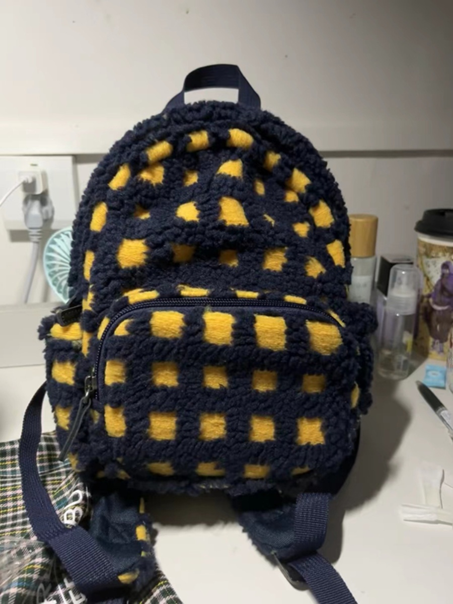 Large Capacity Plush Plaid Backpack for College Students, Versatile Lamb Wool Mini Commuter Bag