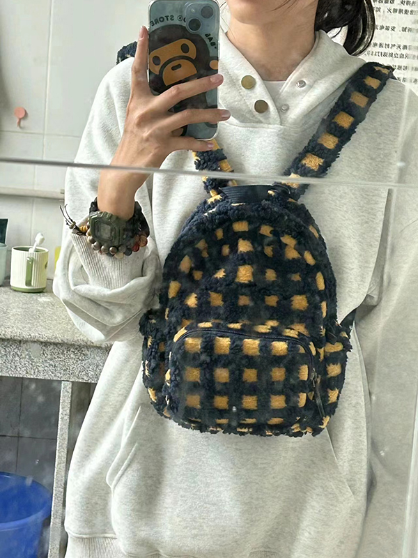 Large Capacity Plush Plaid Backpack for College Students, Versatile Lamb Wool Mini Commuter Bag