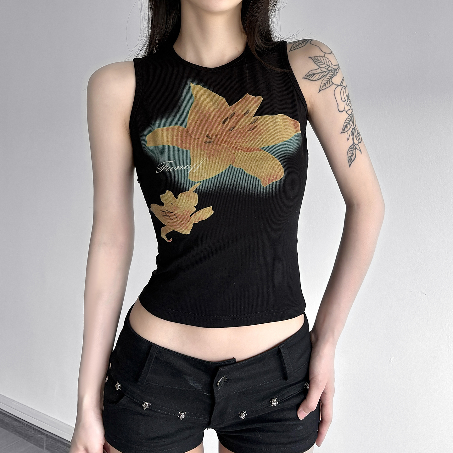 Lazy Casual Street Style Plant Print Slim Fit Stretch Ribbed Top - Trendy Hot Girl Fashion for 90s and Y2K Inspired Looks