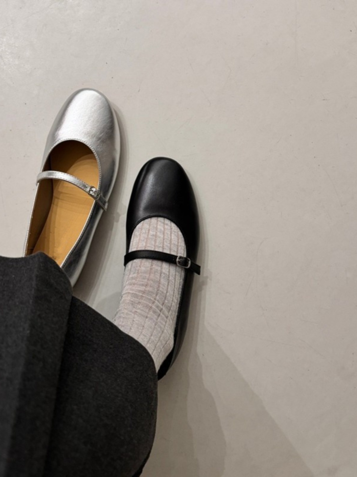 Leather French Silver Ballet Flat Shoes for Women, Low-Heeled Mary Jane Casual Loafers, Vintage-Inspired Grandma Style