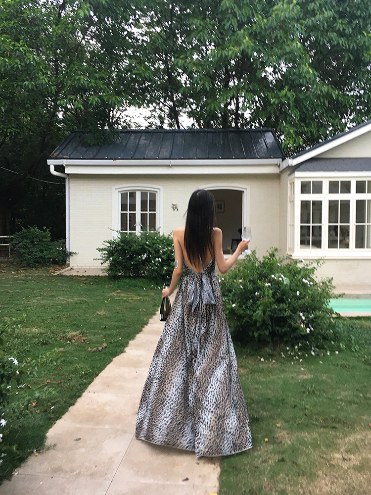 Leopard Print Backless Long Dress - Spicy Girl Style, Elegant Waist-Defining Design, European American Fashion, Sexy 90s Vibe