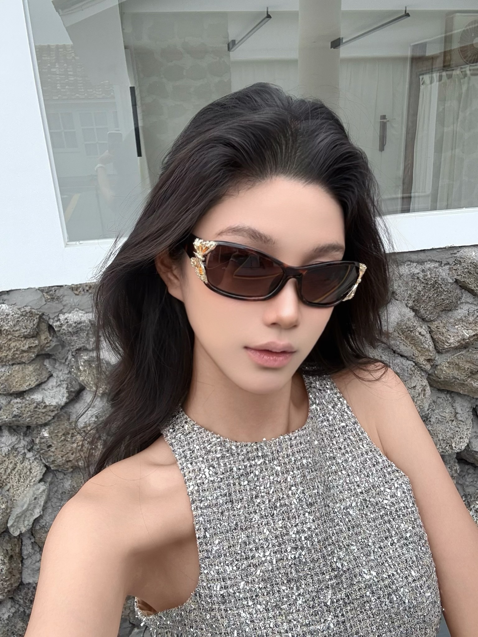 Leopard Print Butterfly Cat-Eye Sunglasses for Women - Metallic Tea Color, UV Protection, European and American Sexy Style