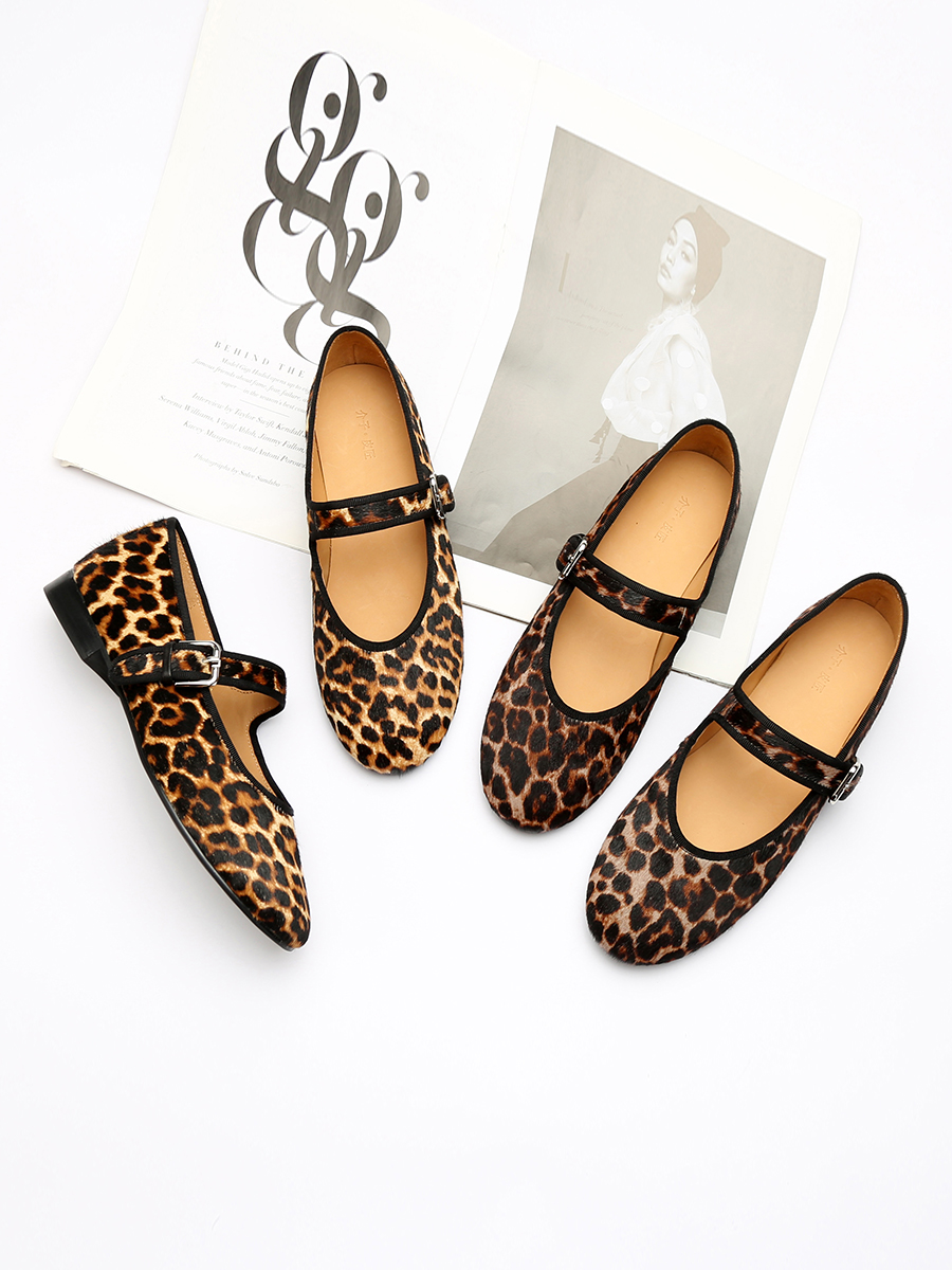 Leopard Print Calf Hair One-Strap Flat Mary Jane Ballet Shoes for Women - Stylish Vintage-Inspired Grandma Shoes