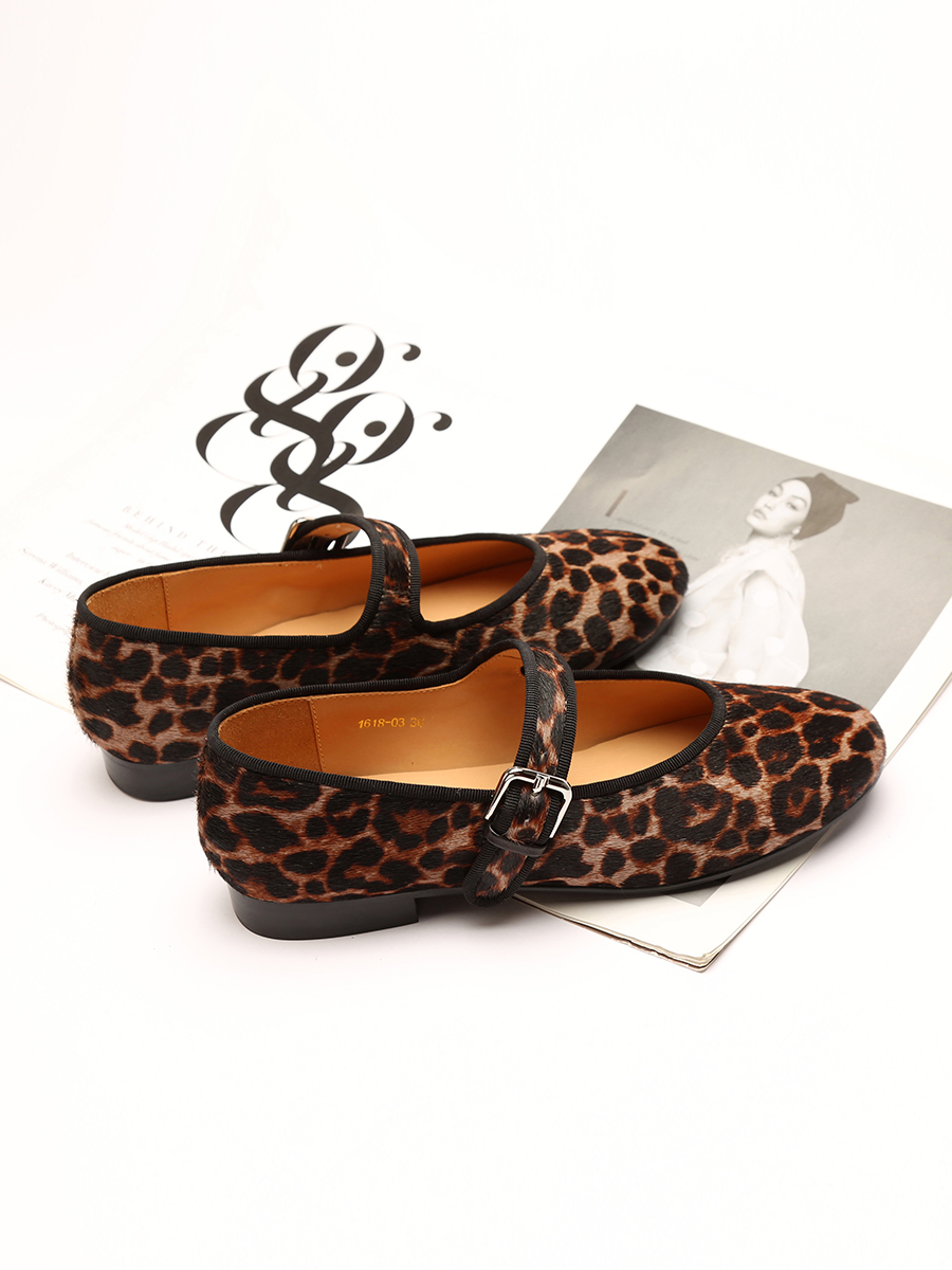 Leopard Print Calf Hair One-Strap Flat Mary Jane Ballet Shoes for Women - Stylish Vintage-Inspired Grandma Shoes