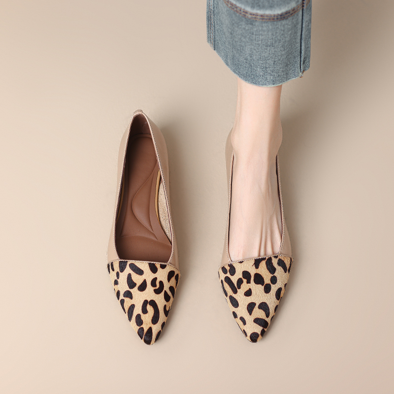 Leopard Print Genuine Leather Horsehair French Pointed Low-Heeled Grandma Shoes for Women - Stylish Flat Single Shoes
