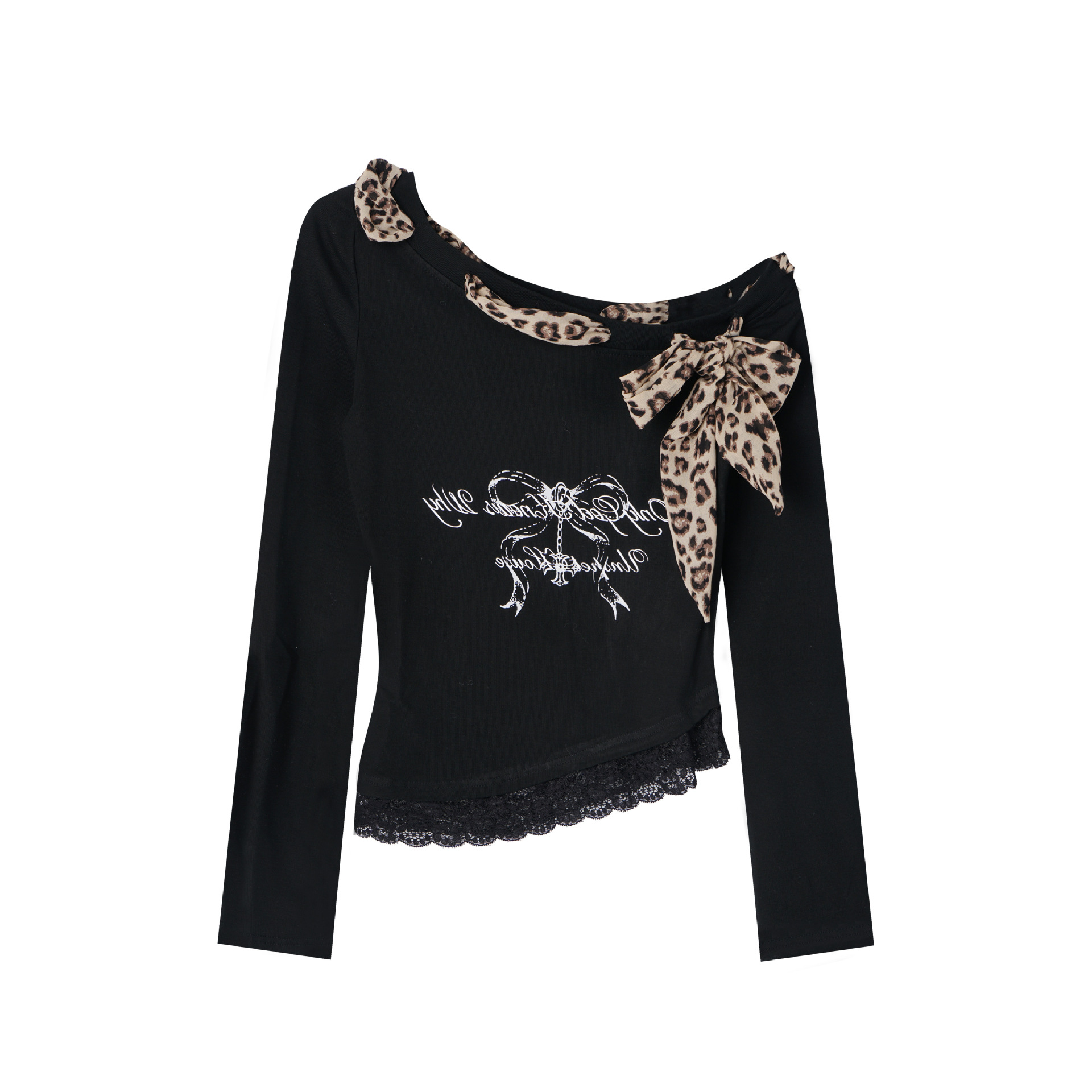 Leopard Print Lace-Up Off-Shoulder Long Sleeve Short Top for Women - American Style Jazz Dance T-Shirt with Lace Splicing