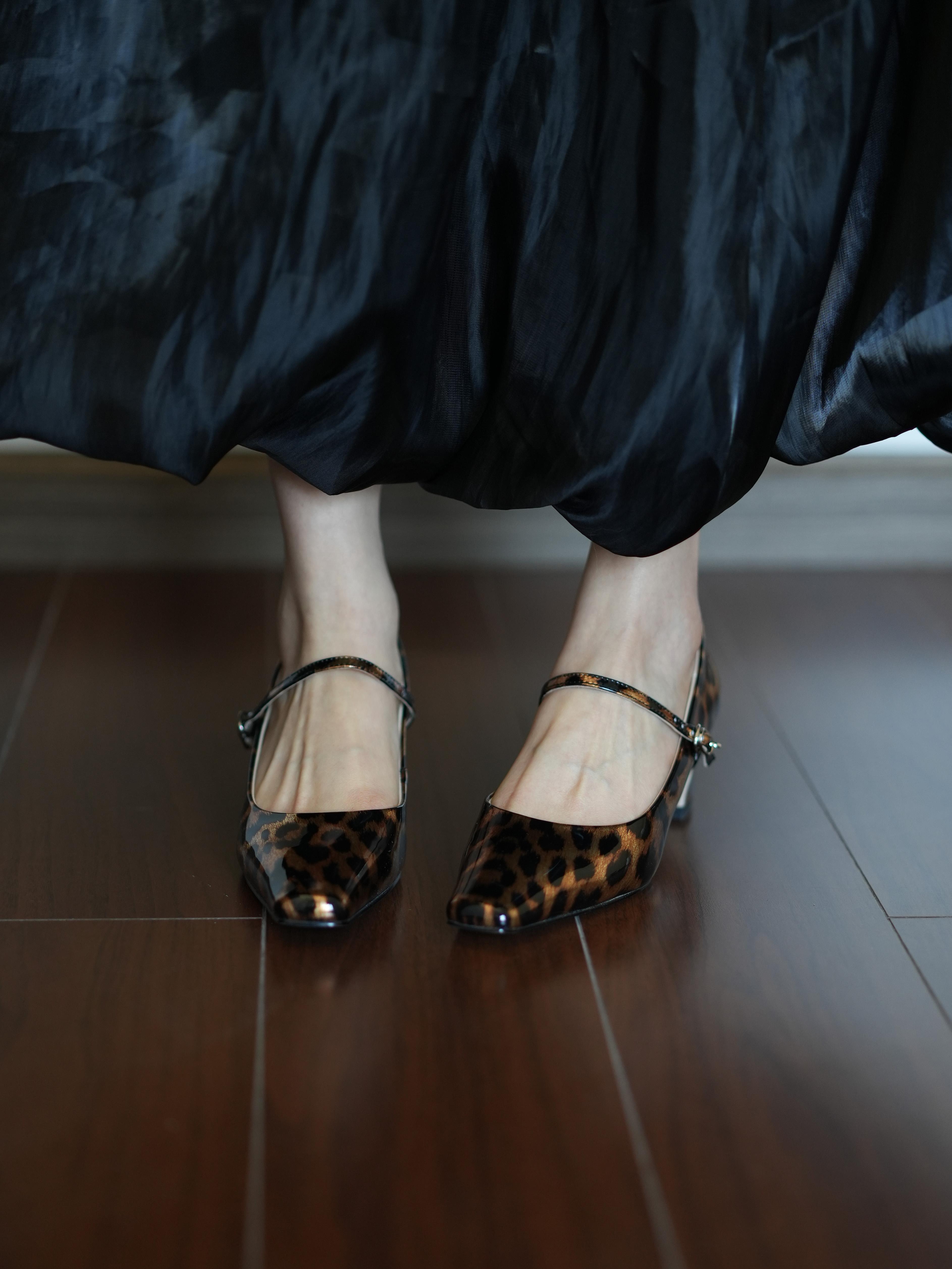 Leopard Print Mary Jane Shoes for Women - Small Square Toe, Shallow Mouth, One Strap, Slim Fit, Niche Designer Style