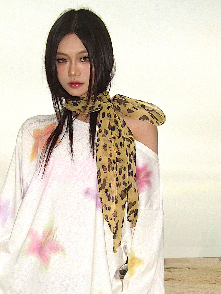 Leopard Print Scarf for Summer - Retro Fashion Versatile Thin Ribbon Scarf for Hot Girl Style