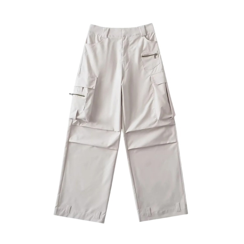 Light Beige Hip-Hop Dance Cargo Pants for Women - Thin Jazz Multi-Pocket Pleated Casual Bottoms, Perfect for Street Style and Dance