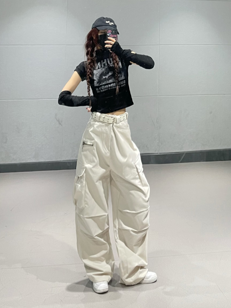 Light Beige Hip-Hop Dance Cargo Pants for Women - Thin Jazz Multi-Pocket Pleated Casual Bottoms, Perfect for Street Style and Dance
