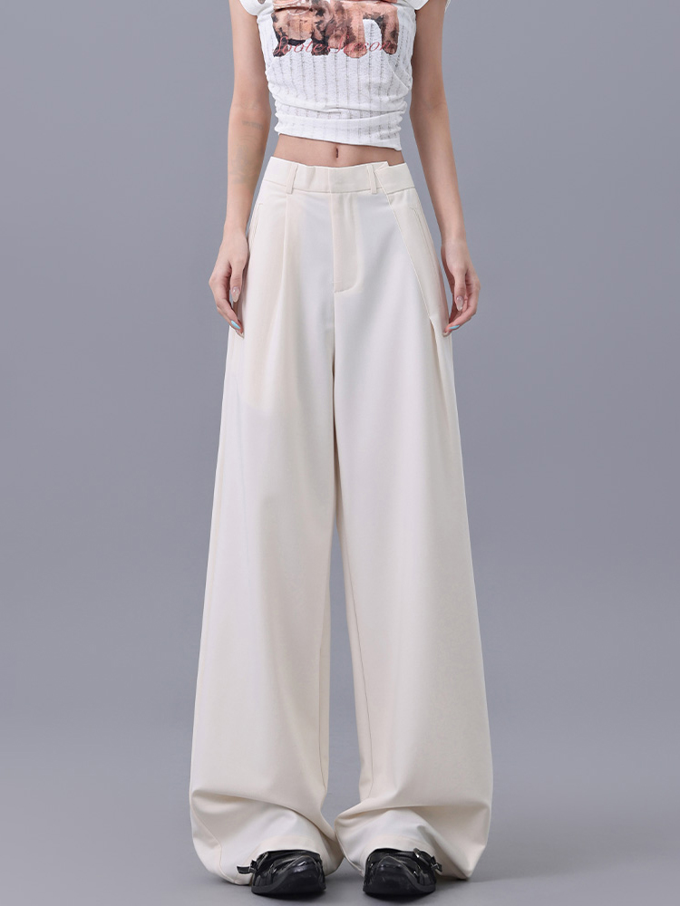 Light Beige Thin Wide-Leg Suit Pants for Women - High Waist Slim Fit Draping Casual Trousers - Summer Fashion 2023
