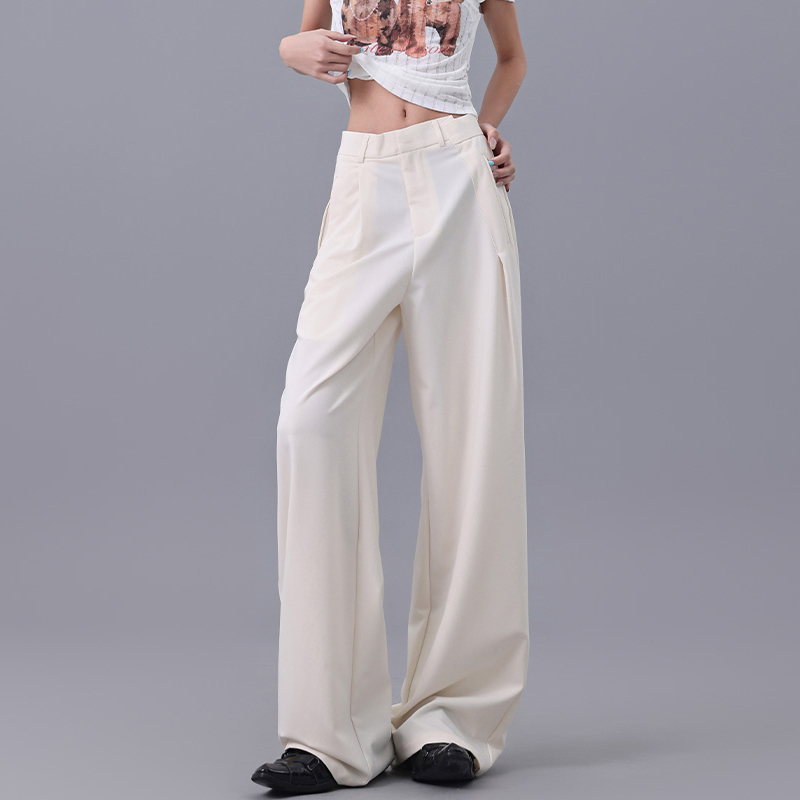 Light Beige Thin Wide-Leg Suit Pants for Women - High Waist Slim Fit Draping Casual Trousers - Summer Fashion 2023