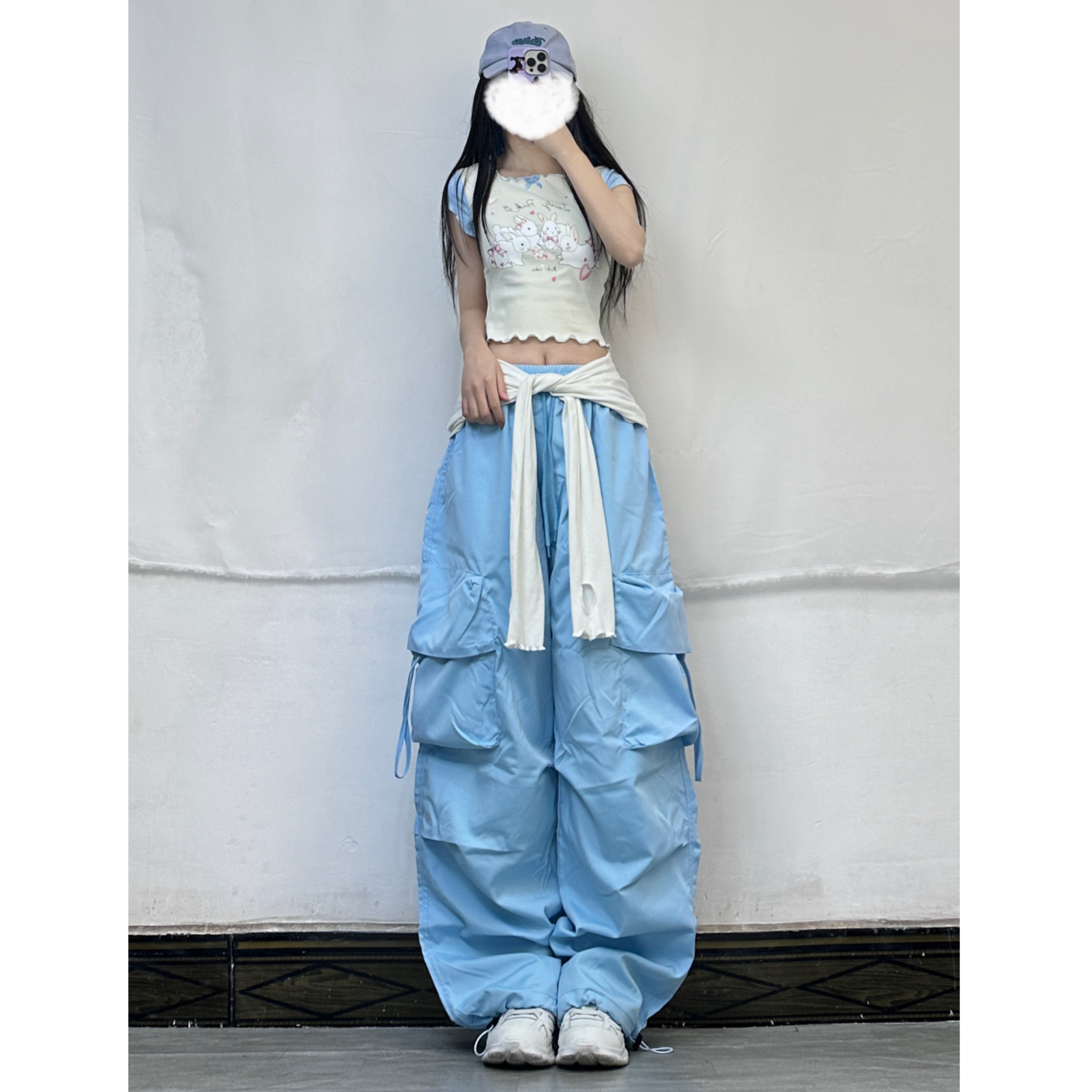 Light Blue Cargo Pants for Girls - K-Pop Dance Loose Wide-Leg Casual Floor-Length Trousers - Trendy Y2K Style Light Blue Cargo Pants for Girls - K-Pop Dance Loose Wide-Leg Casual Floor-Length Trousers - Trendy Y2K Style