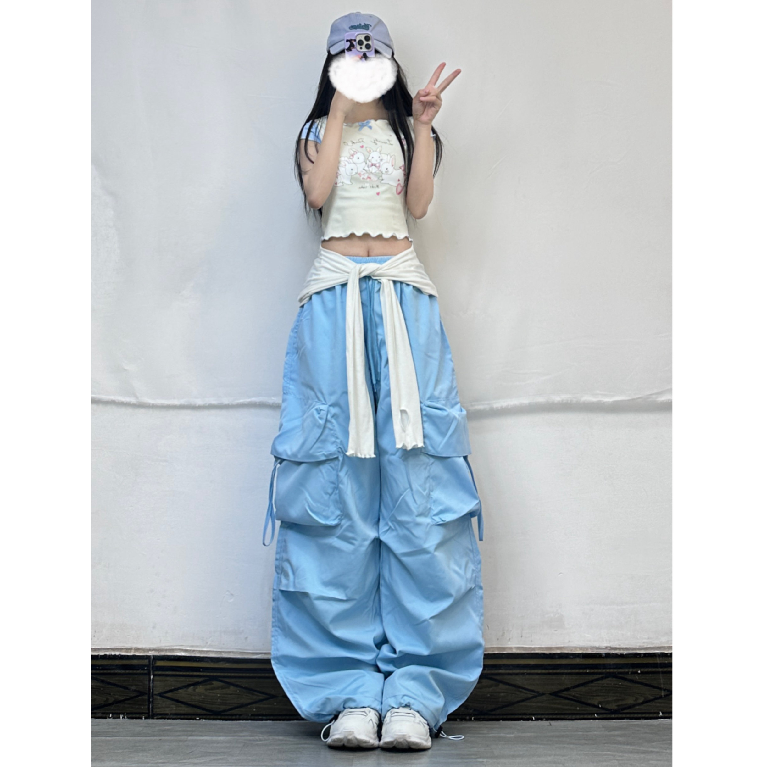 Light Blue Cargo Pants for Girls - K-Pop Dance Loose Wide-Leg Casual Floor-Length Trousers - Trendy Y2K Style