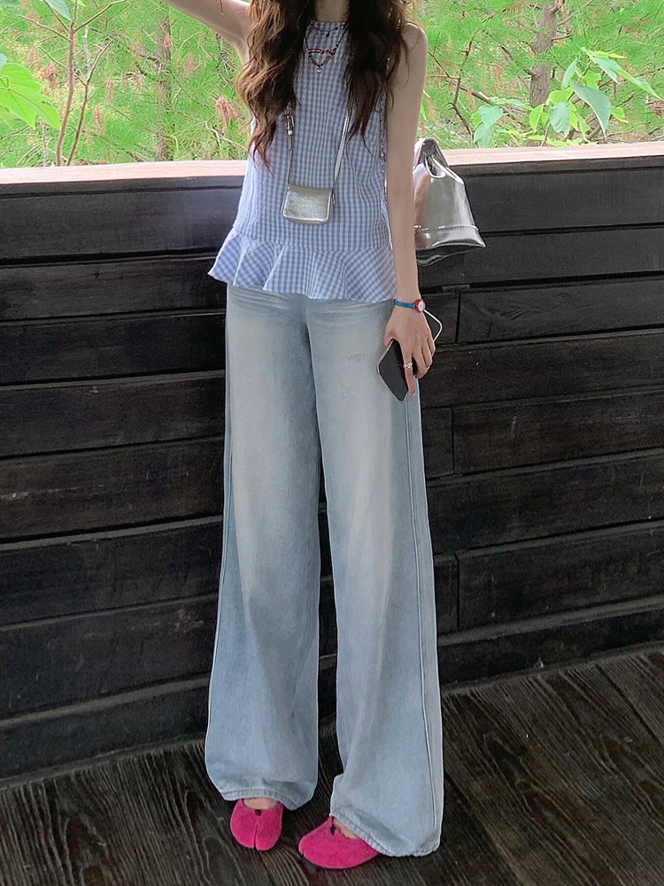 Light Blue Distressed Denim Jeans for Women - Vintage Loose Wide-Leg Straight Pants, Summer 90s Inspired Fashion