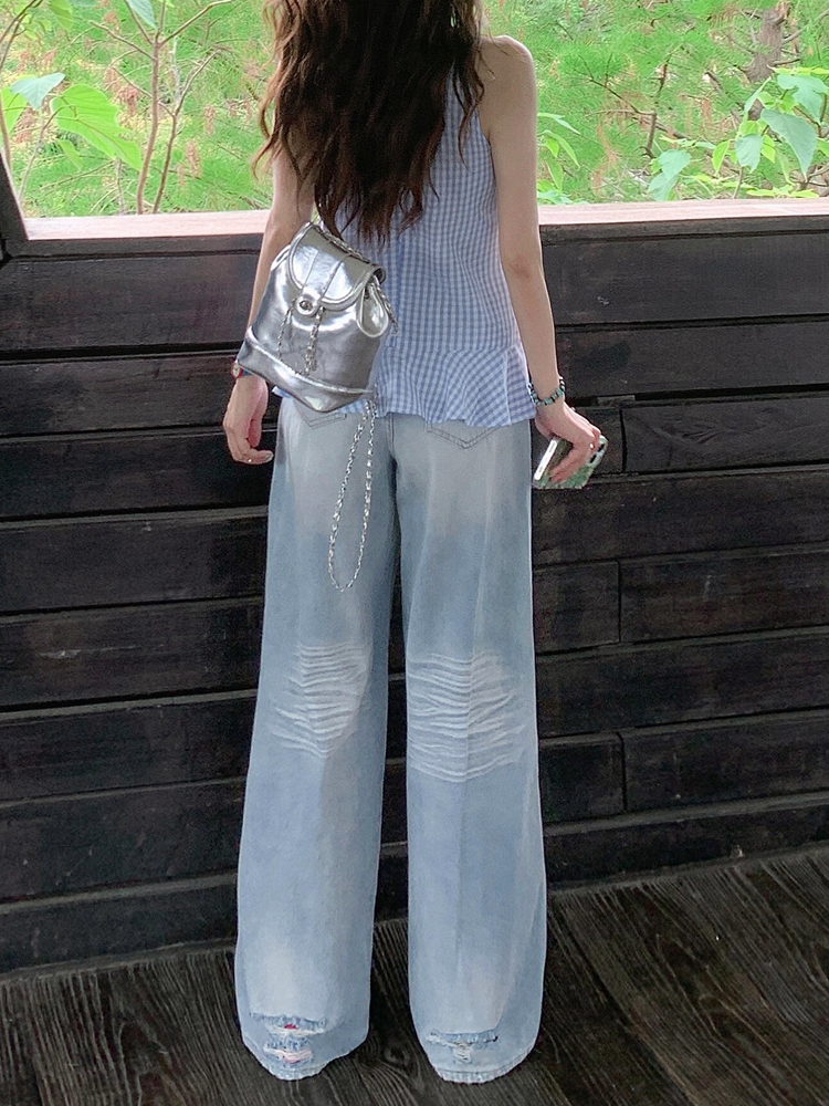 Light Blue Distressed Denim Jeans for Women - Vintage Loose Wide-Leg Straight Pants, Summer 90s Inspired Fashion Light Blue Distressed Denim Jeans for Women - Vintage Loose Wide-Leg Straight Pants, Summer 90s Inspired Fashion