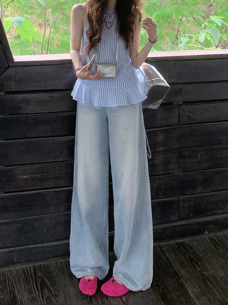 Light Blue Distressed Denim Jeans for Women - Vintage Loose Wide-Leg Straight Pants, Summer 90s Inspired Fashion Light Blue Distressed Denim Jeans for Women - Vintage Loose Wide-Leg Straight Pants, Summer 90s Inspired Fashion