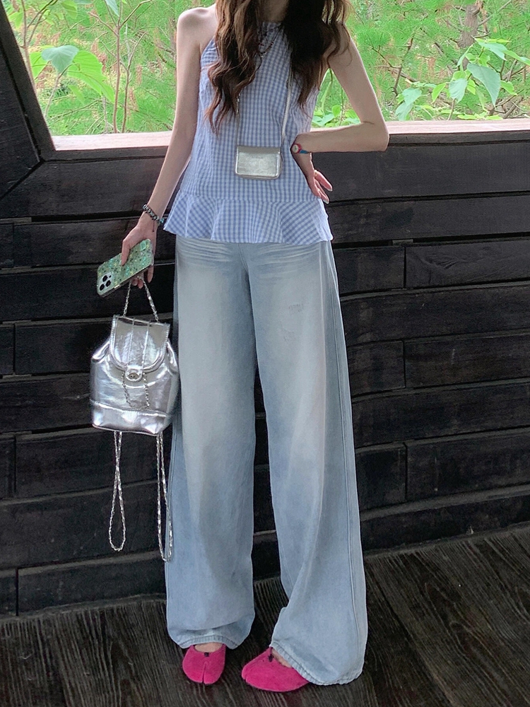 Light Blue Distressed Denim Jeans for Women - Vintage Loose Wide-Leg Straight Pants, Summer 90s Inspired Fashion