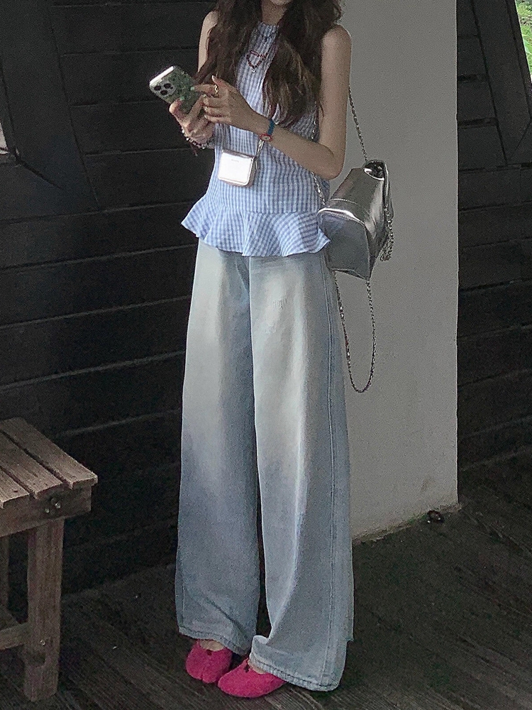 Light Blue Distressed Denim Jeans for Women - Vintage Loose Wide-Leg Straight Pants, Summer 90s Inspired Fashion Light Blue Distressed Denim Jeans for Women - Vintage Loose Wide-Leg Straight Pants, Summer 90s Inspired Fashion