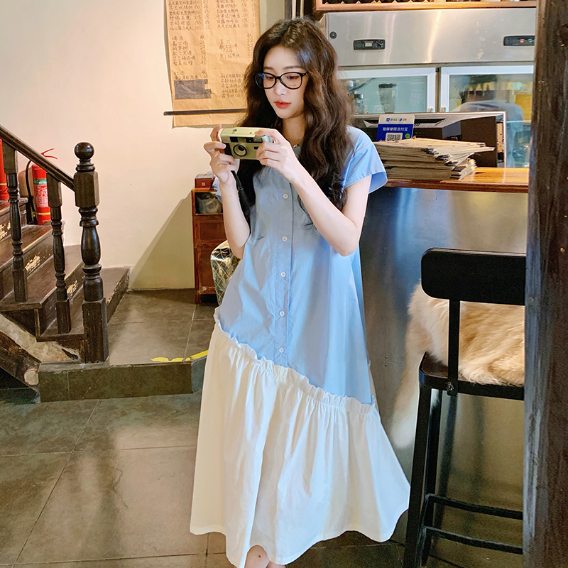 Light Blue Fishtail Shirt Dress for Women, Relaxed Fit, Artistic Design, Trendy and Fresh Style for 2025