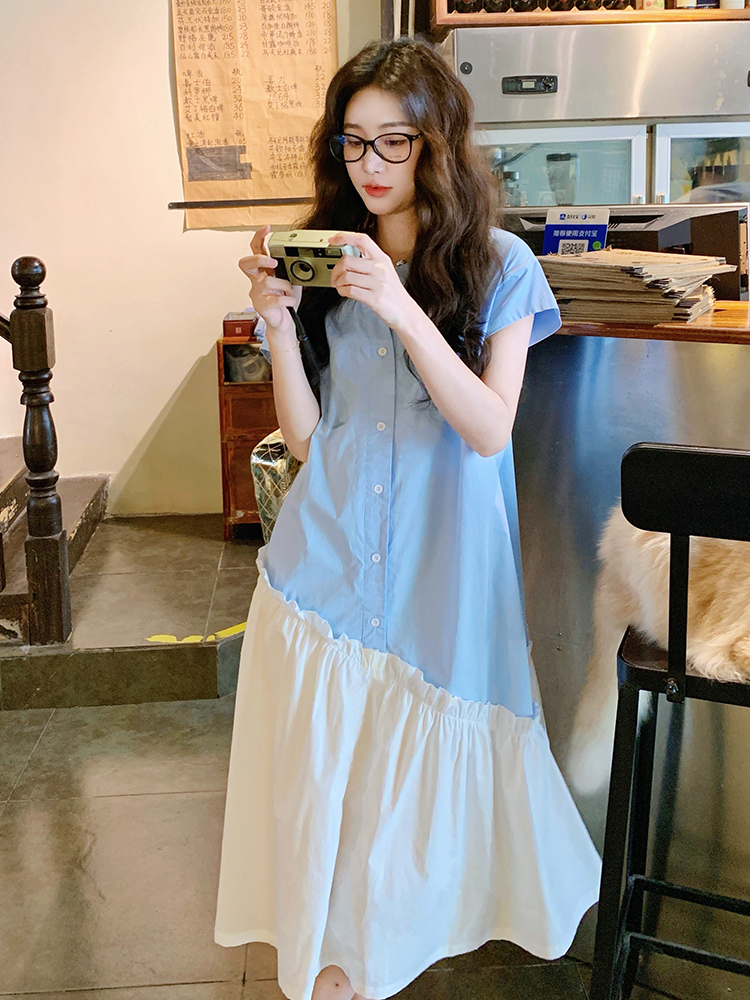 Light Blue Fishtail Shirt Dress for Women, Relaxed Fit, Artistic Design, Trendy and Fresh Style for 2025