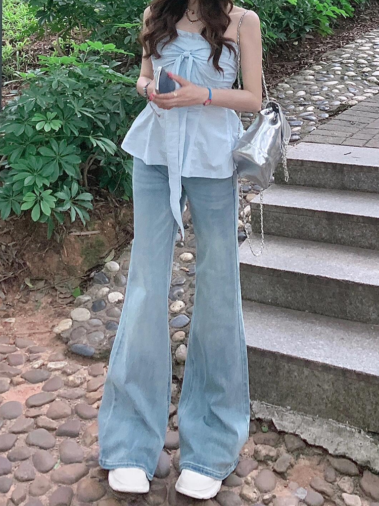 Light Blue Flared Jeans for Women - American Style Low-Waist Wide-Leg Slim-Fit Summer Pants, Stretchy Floor-Length Fashion