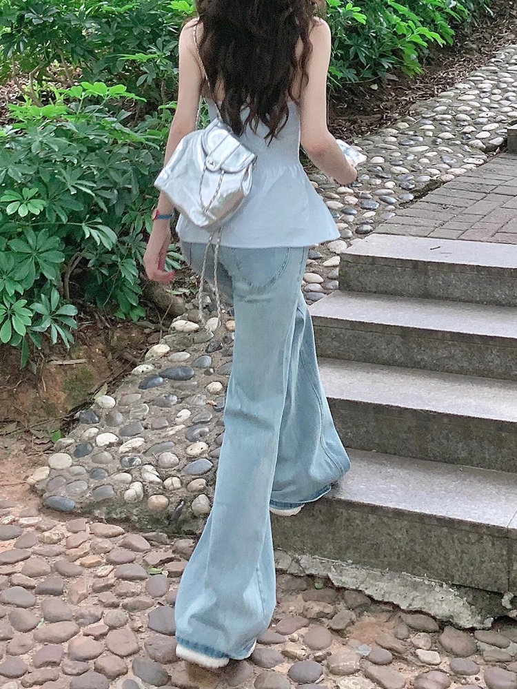 Light Blue Flared Jeans for Women - American Style Low-Waist Wide-Leg Slim-Fit Summer Pants, Stretchy Floor-Length Fashion Light Blue Flared Jeans for Women - American Style Low-Waist Wide-Leg Slim-Fit Summer Pants, Stretchy Floor-Length Fashion