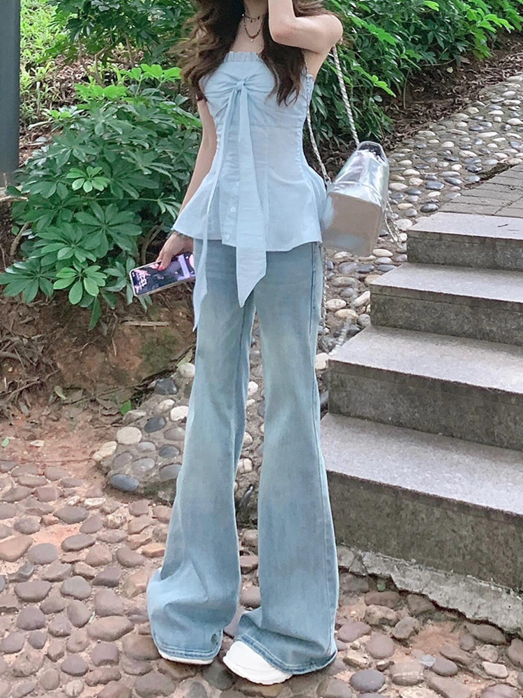 Light Blue Flared Jeans for Women - American Style Low-Waist Wide-Leg Slim-Fit Summer Pants, Stretchy Floor-Length Fashion