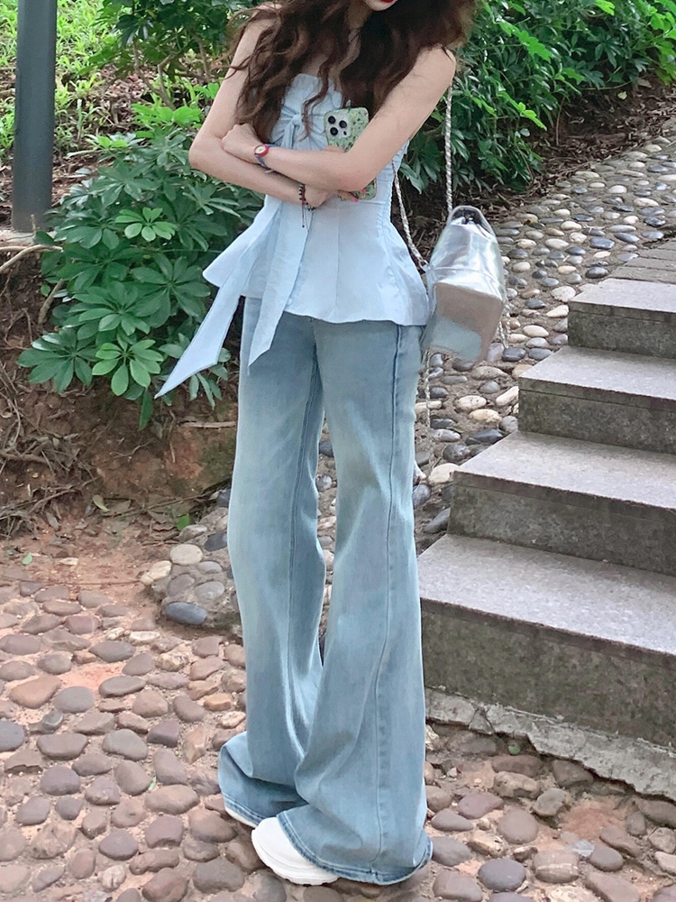 Light Blue Flared Jeans for Women - American Style Low-Waist Wide-Leg Slim-Fit Summer Pants, Stretchy Floor-Length Fashion Light Blue Flared Jeans for Women - American Style Low-Waist Wide-Leg Slim-Fit Summer Pants, Stretchy Floor-Length Fashion