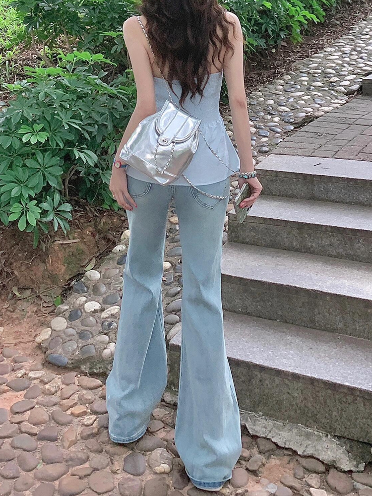 Light Blue Flared Jeans for Women - American Style Low-Waist Wide-Leg Slim-Fit Summer Pants, Stretchy Floor-Length Fashion Light Blue Flared Jeans for Women - American Style Low-Waist Wide-Leg Slim-Fit Summer Pants, Stretchy Floor-Length Fashion