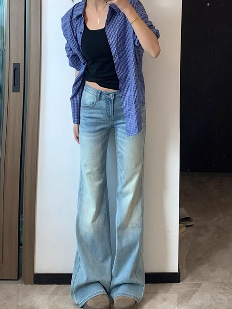 Light Blue Flared Jeans for Women - Summer Low Waist Straight Fit Slim Wide-Leg Floor-Length Pants, Trendy Y2K Style