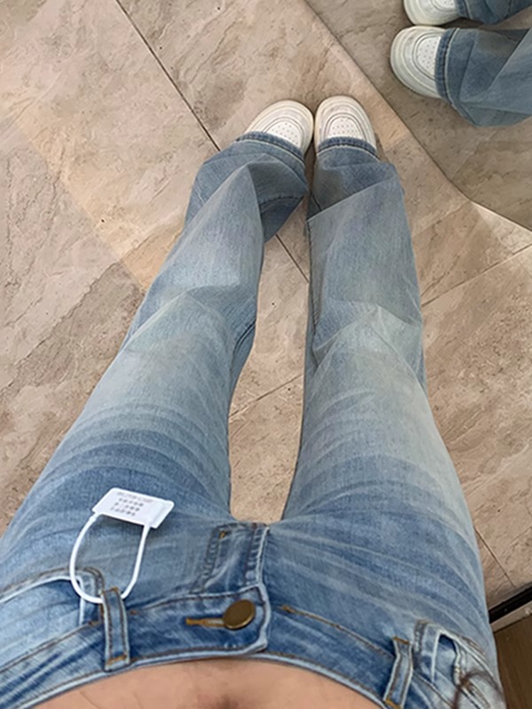 Light Blue Flared Jeans for Women - Summer Low Waist Straight Fit Slim Wide-Leg Floor-Length Pants, Trendy Y2K Style Light Blue Flared Jeans for Women - Summer Low Waist Straight Fit Slim Wide-Leg Floor-Length Pants, Trendy Y2K Style