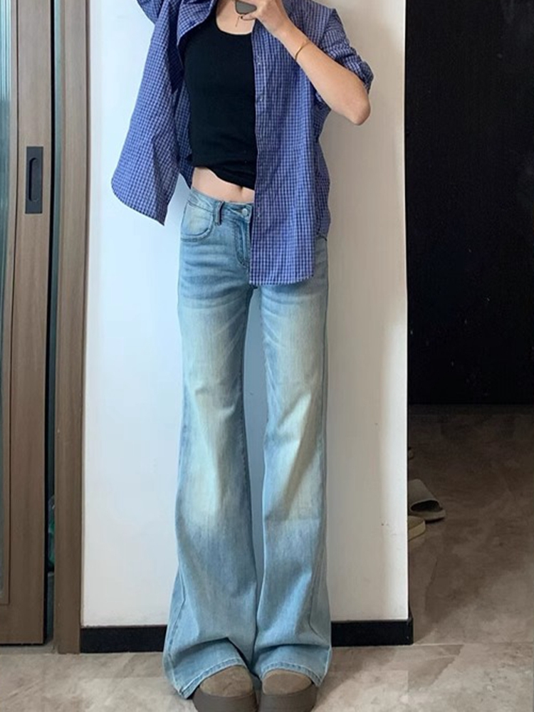 Light Blue Flared Jeans for Women - Summer Low Waist Straight Fit Slim Wide-Leg Floor-Length Pants, Trendy Y2K Style