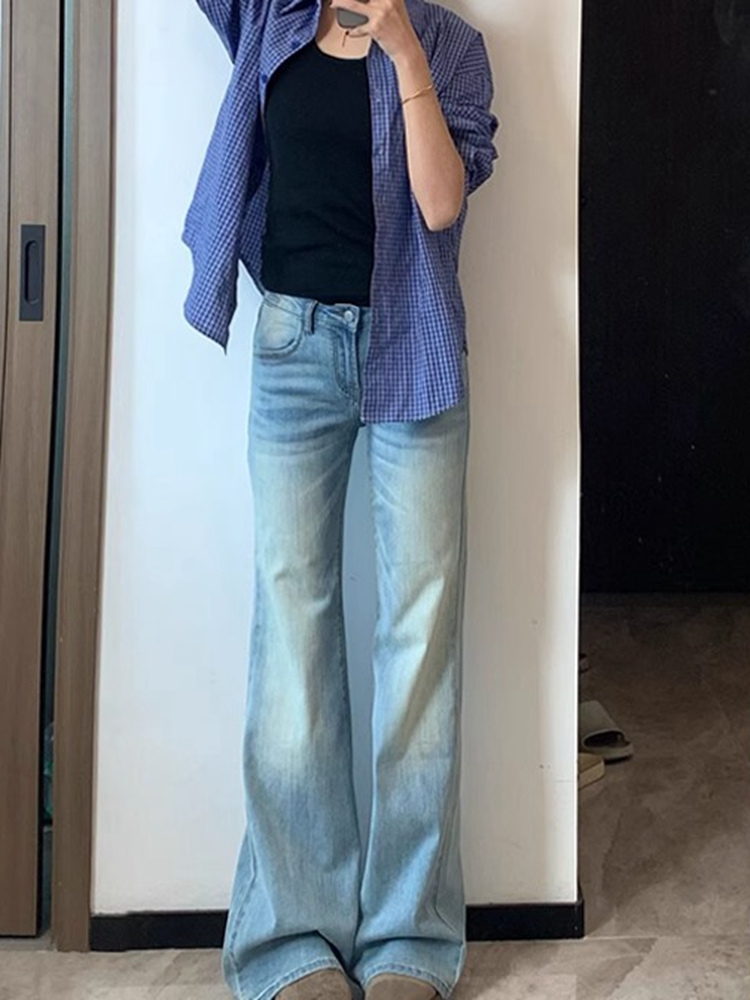 Light Blue Flared Jeans for Women - Summer Low Waist Straight Fit Slim Wide-Leg Floor-Length Pants, Trendy Y2K Style Light Blue Flared Jeans for Women - Summer Low Waist Straight Fit Slim Wide-Leg Floor-Length Pants, Trendy Y2K Style