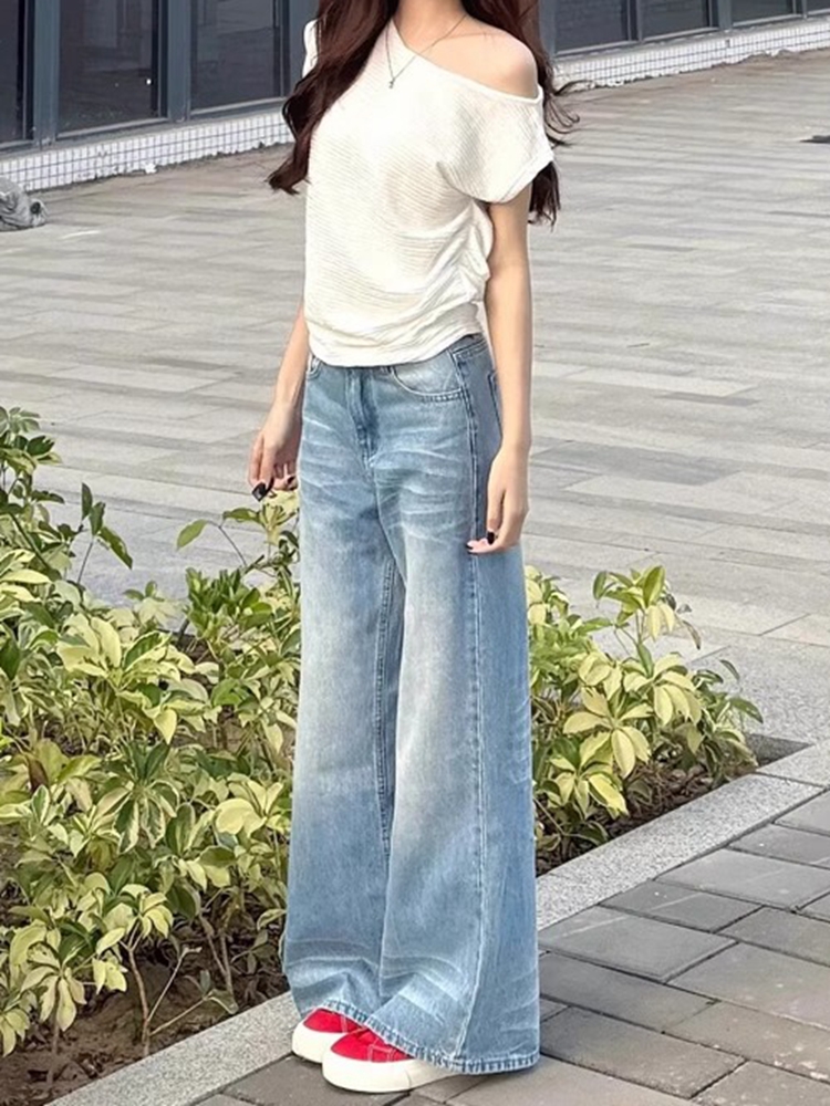 Light Blue High-Waisted Wide-Leg Jeans for Women - Retro Loose-Fitting Summer Straight-Leg Pants, Versatile American Style