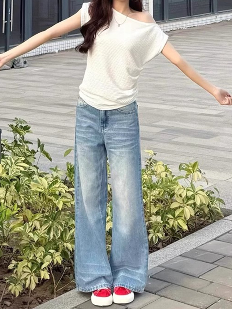 Light Blue High-Waisted Wide-Leg Jeans for Women - Retro Loose-Fitting Summer Straight-Leg Pants, Versatile American Style Light Blue High-Waisted Wide-Leg Jeans for Women - Retro Loose-Fitting Summer Straight-Leg Pants, Versatile American Style