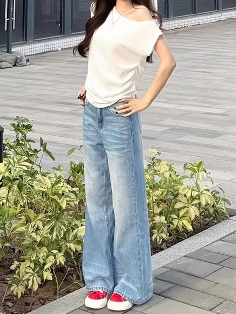 Light Blue High-Waisted Wide-Leg Jeans for Women - Retro Loose-Fitting Summer Straight-Leg Pants, Versatile American Style