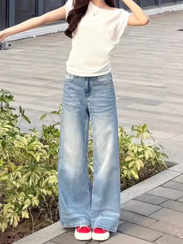 Light Blue High-Waisted Wide-Leg Jeans for Women - Retro Loose-Fitting Summer Straight-Leg Pants, Versatile American Style Light Blue High-Waisted Wide-Leg Jeans for Women - Retro Loose-Fitting Summer Straight-Leg Pants, Versatile American Style