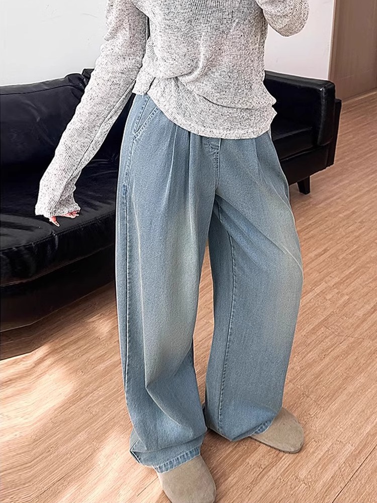 Light Blue Pleated Tencel Denim Pants for Women - Summer High-Waisted Loose Fit Slimming Straight-Leg Trousers, Cool Ice Silk Feel Light Blue Pleated Tencel Denim Pants for Women - Summer High-Waisted Loose Fit Slimming Straight-Leg Trousers, Cool Ice Silk Feel