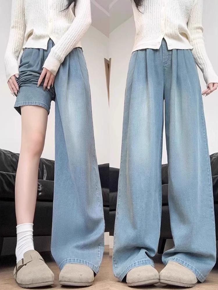Light Blue Pleated Tencel Denim Pants for Women - Summer High-Waisted Loose Fit Slimming Straight-Leg Trousers, Cool Ice Silk Feel