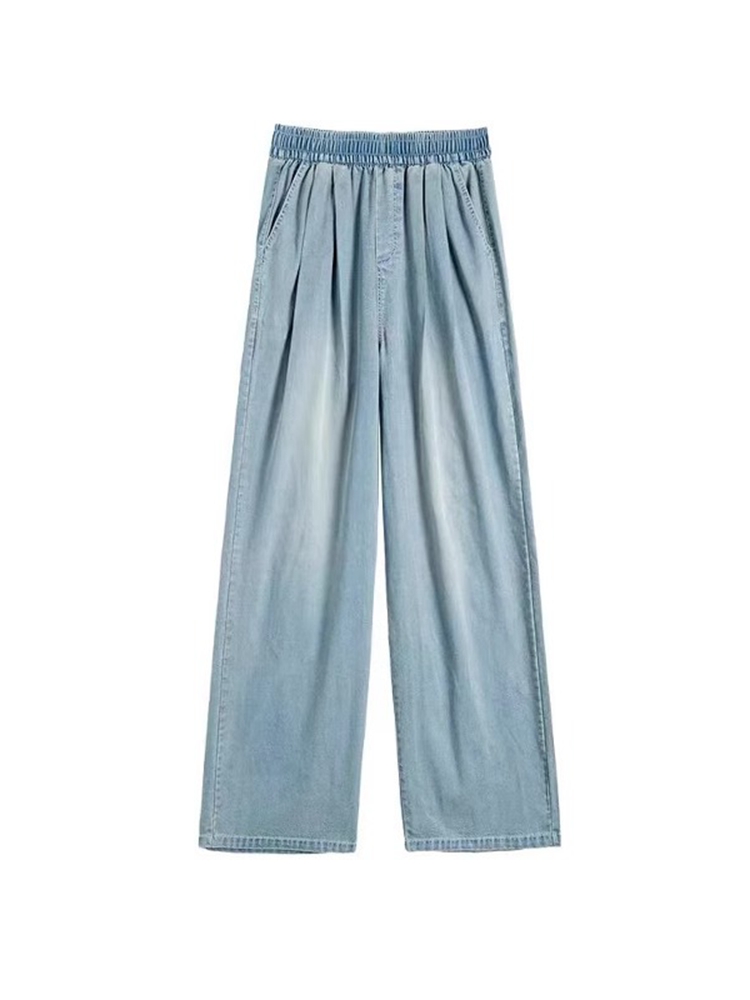 Light Blue Pleated Tencel Denim Pants for Women - Summer High-Waisted Loose Fit Slimming Straight-Leg Trousers, Cool Ice Silk Feel Light Blue Pleated Tencel Denim Pants for Women - Summer High-Waisted Loose Fit Slimming Straight-Leg Trousers, Cool Ice Silk Feel