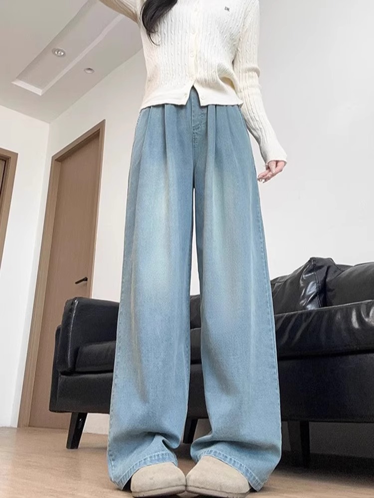 Light Blue Pleated Tencel Denim Pants for Women - Summer High-Waisted Loose Fit Slimming Straight-Leg Trousers, Cool Ice Silk Feel