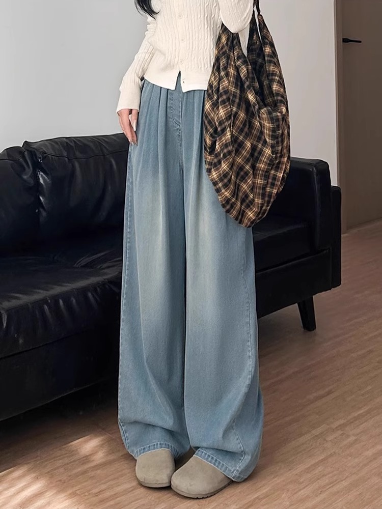 Light Blue Pleated Tencel Denim Pants for Women - Summer High-Waisted Loose Fit Slimming Straight-Leg Trousers, Cool Ice Silk Feel Light Blue Pleated Tencel Denim Pants for Women - Summer High-Waisted Loose Fit Slimming Straight-Leg Trousers, Cool Ice Silk Feel