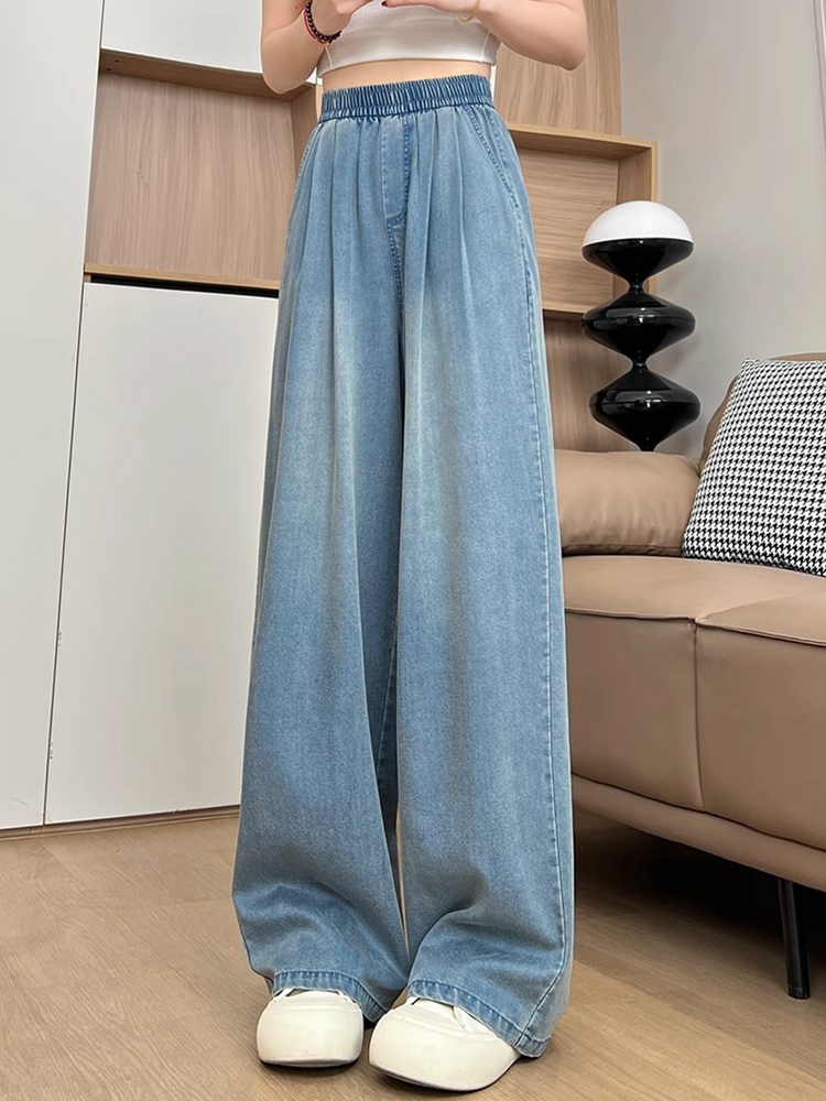 Light Blue Sky High-Waisted Wide-Leg Jeans for Women - Summer Loose-Fitting Ice Silk Straight Pants, Slimming Drape Style Light Blue Sky High-Waisted Wide-Leg Jeans for Women - Summer Loose-Fitting Ice Silk Straight Pants, Slimming Drape Style
