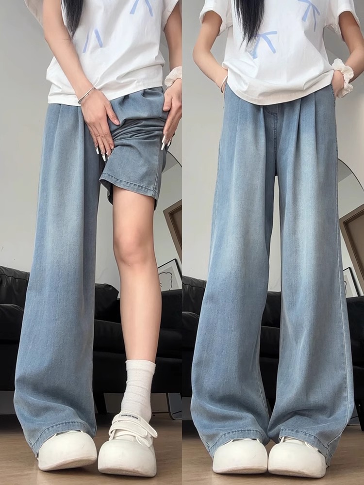 Light Blue Sky High-Waisted Wide-Leg Jeans for Women - Summer Loose-Fitting Ice Silk Straight Pants, Slimming Drape Style